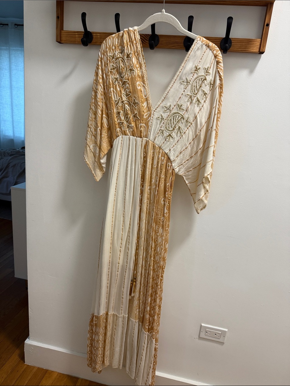 Bohemian Embroidered Maxi Dress in Cream & Golden Tan